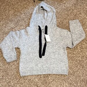 Cozy Gray Hooded Knit Sweater with Contrast Drawcord